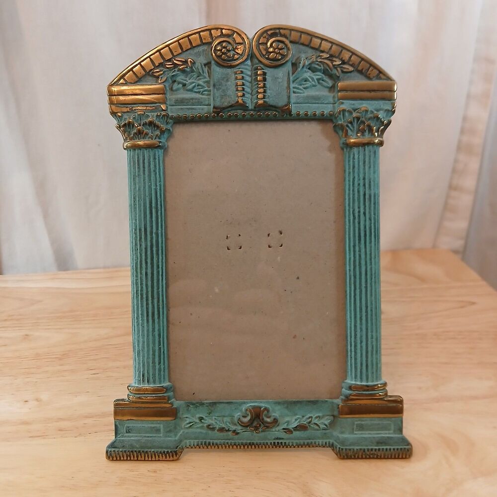 Vintage Greek Revival Metal Faux Verdigris & Gold Picture Frame 4x6 Photo Insert